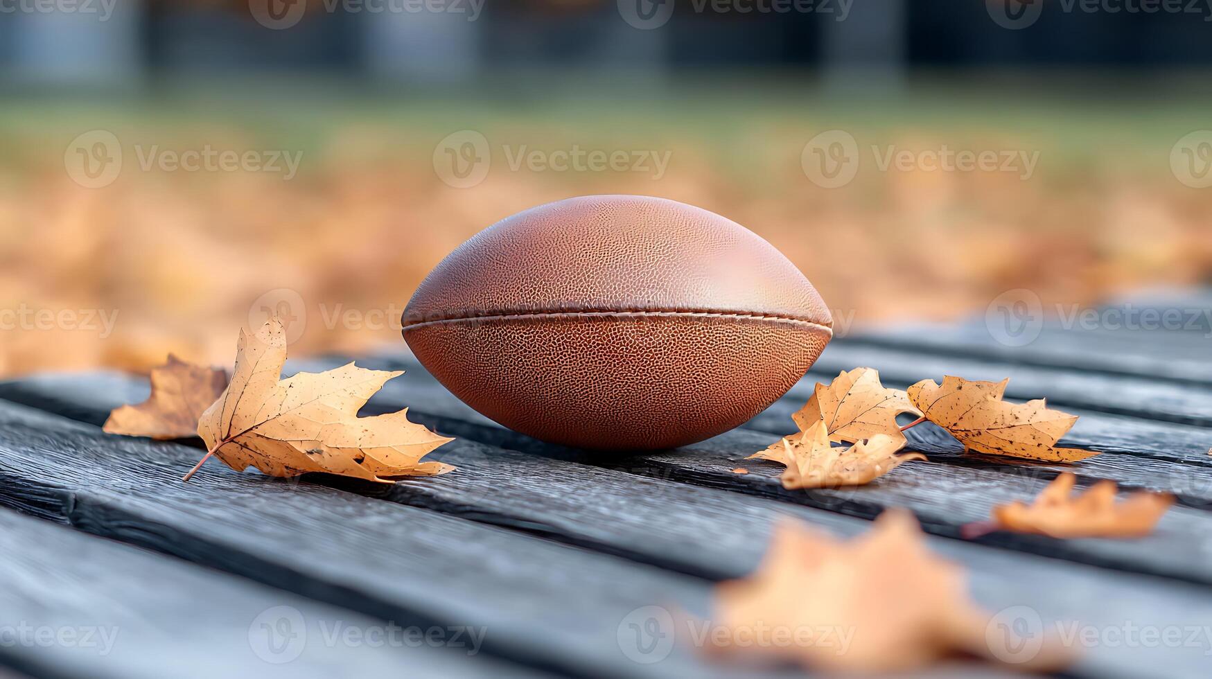A close-up of a brown rugby ball resting on a wooden surface surrounded by autumn leaves photo