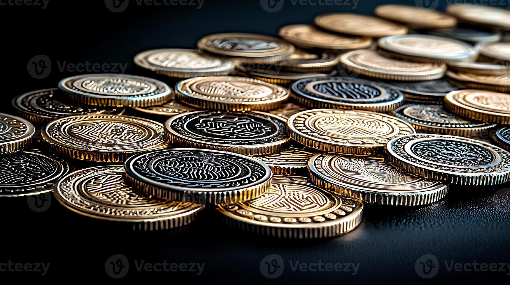 A close-up view of assorted coins scattered on a dark surface, showcasing their intricate designs photo