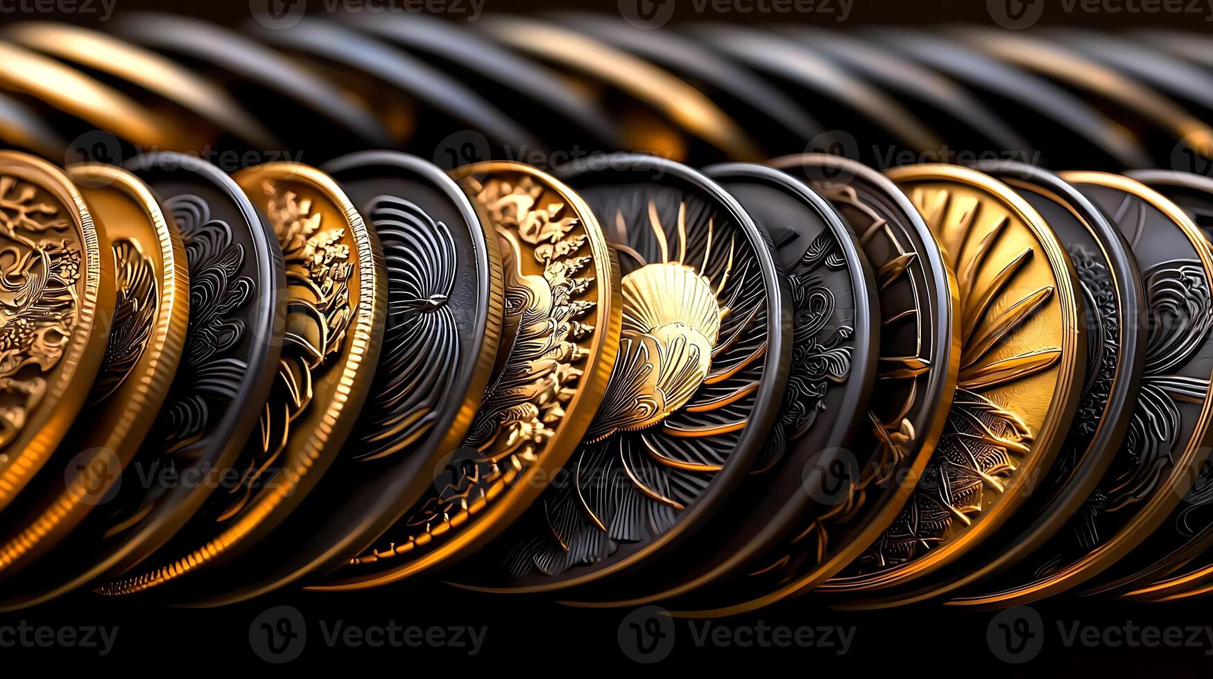 A close-up view of intricately designed golden and black coins arranged in a row, showcasing detailed patterns photo