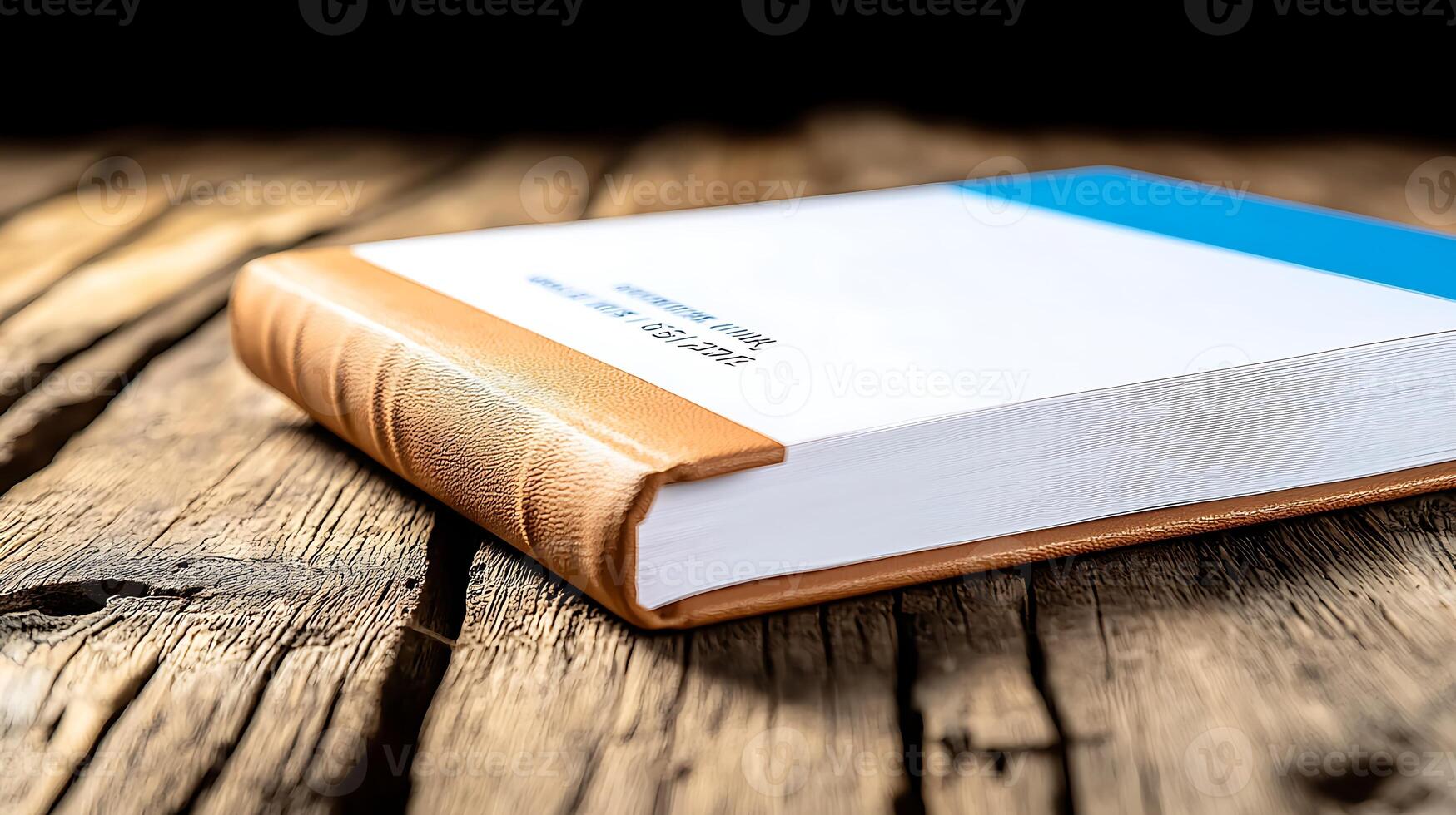 A close-up view of a leather-bound book resting on a rustic wooden table, with soft lighting photo