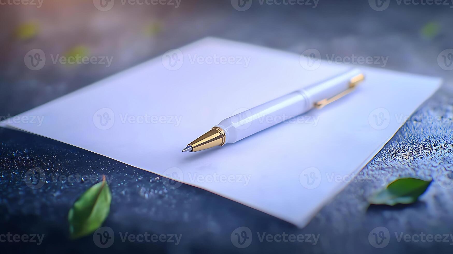 A close-up view of a blank sheet of paper and a pen on a textured surface with leaves photo