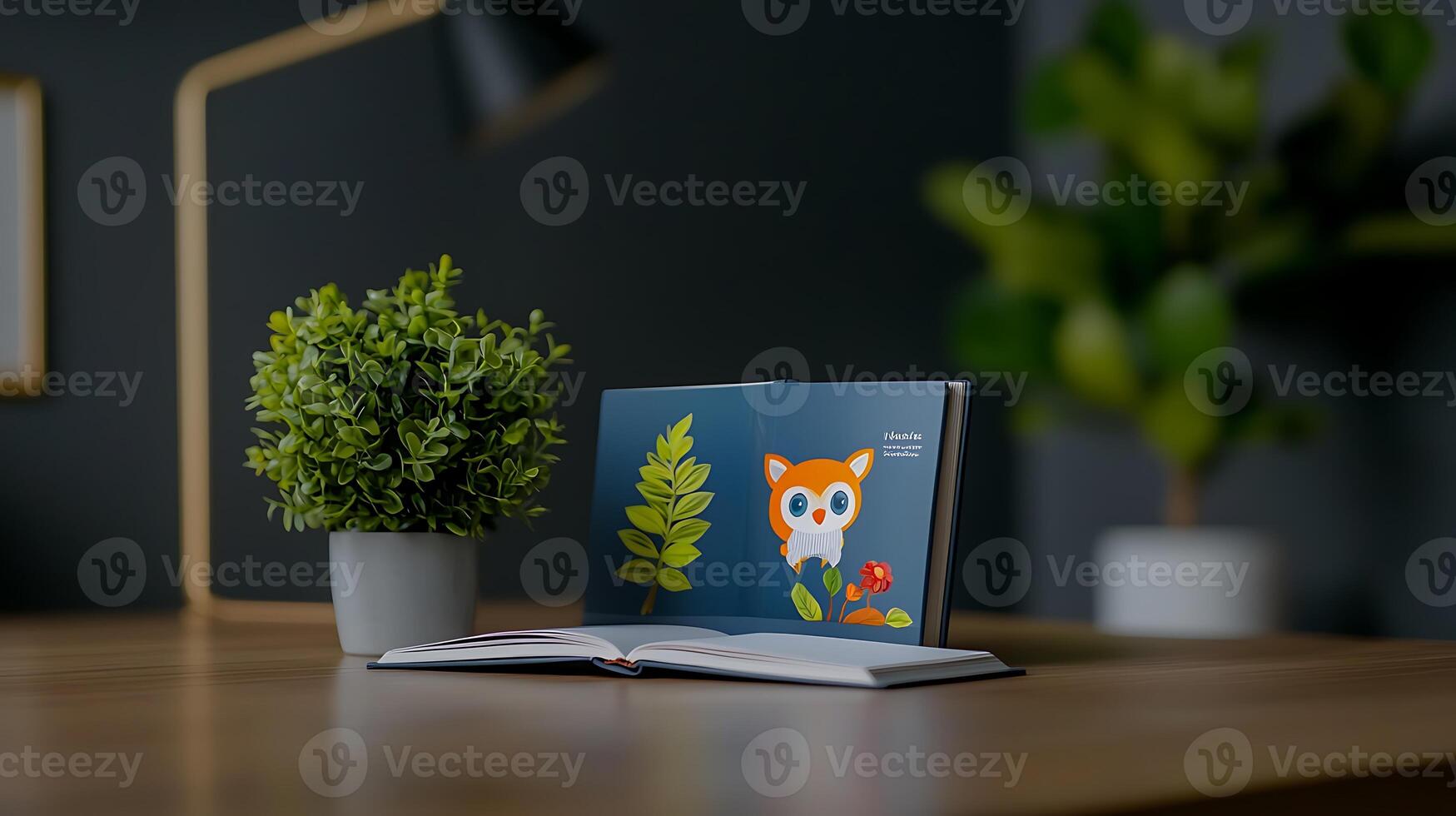 A cozy reading corner featuring an illustrated book with an owl and plants on a wooden table photo