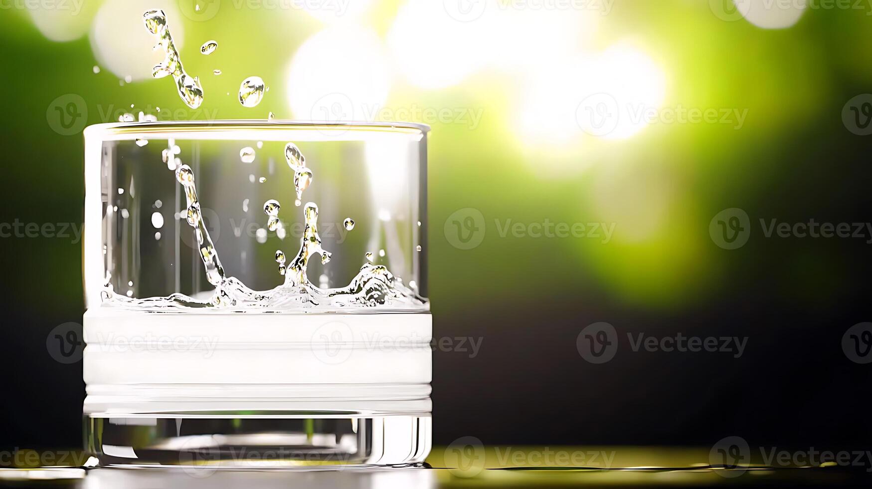 A crystal-clear glass filled with water splashing against a vibrant green background photo