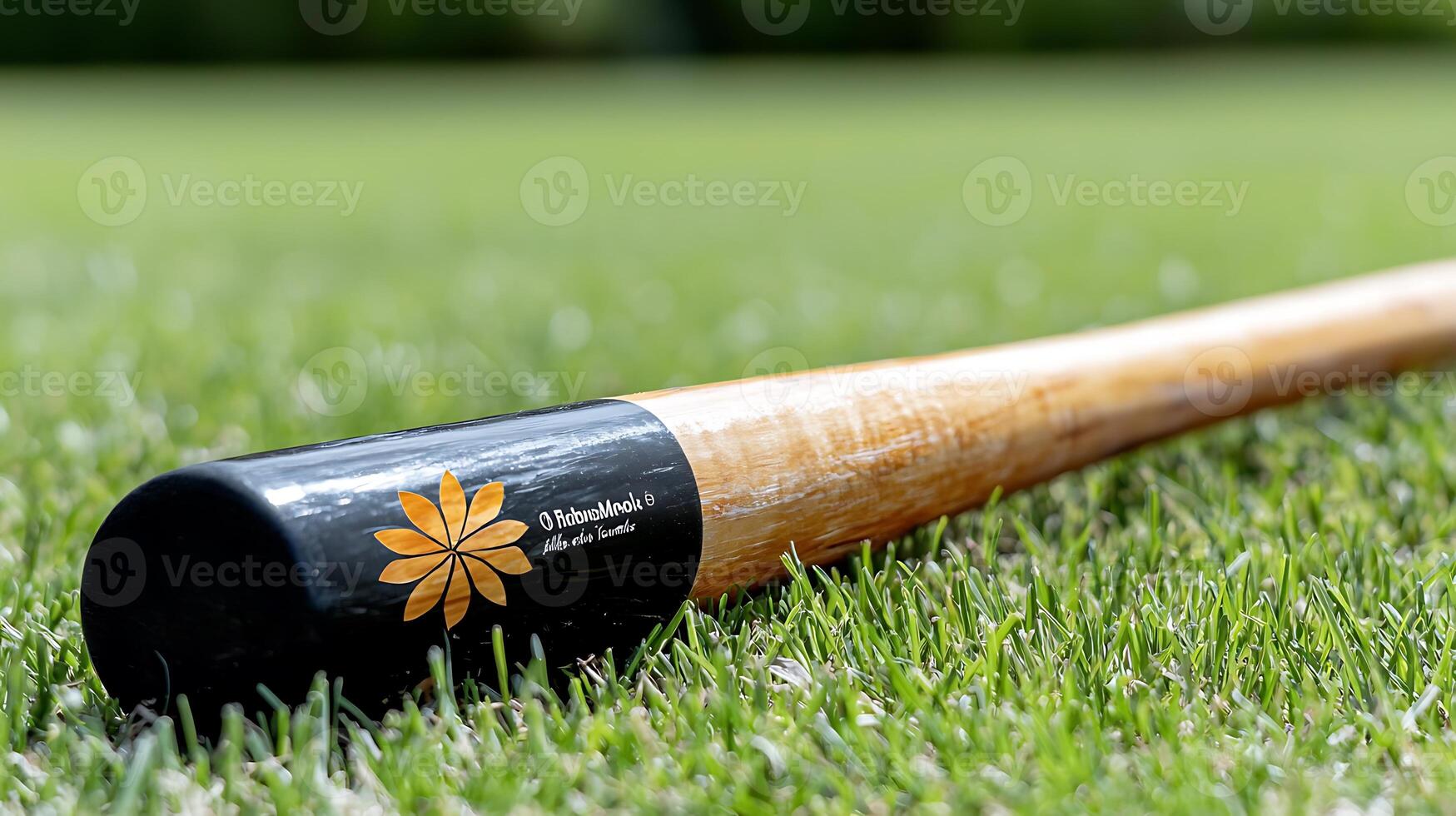A close-up of a wooden baseball bat resting on lush green grass under bright sunlight photo