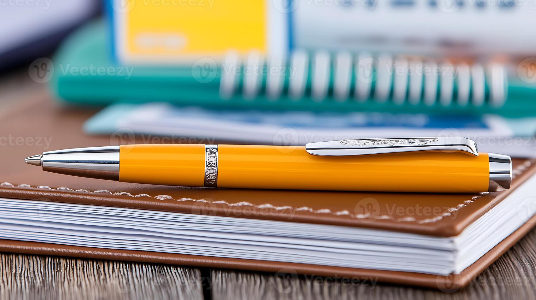 A close-up of a vibrant yellow pen resting on a brown notebook, surrounded by office supplies photo