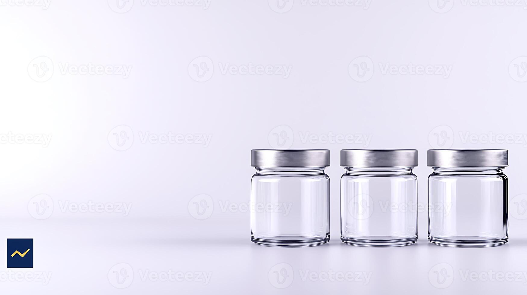Three clear glass jars with silver lids arranged on a minimalistic background, ideal for storage photo