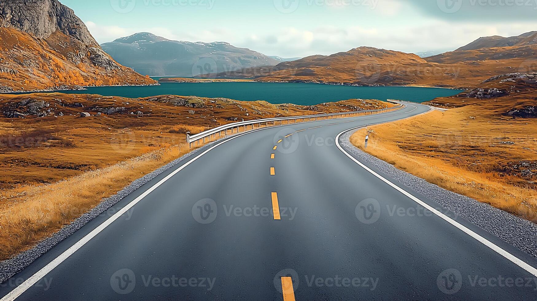 Serene winding road through autumn landscape near a tranquil lake and distant mountains photo