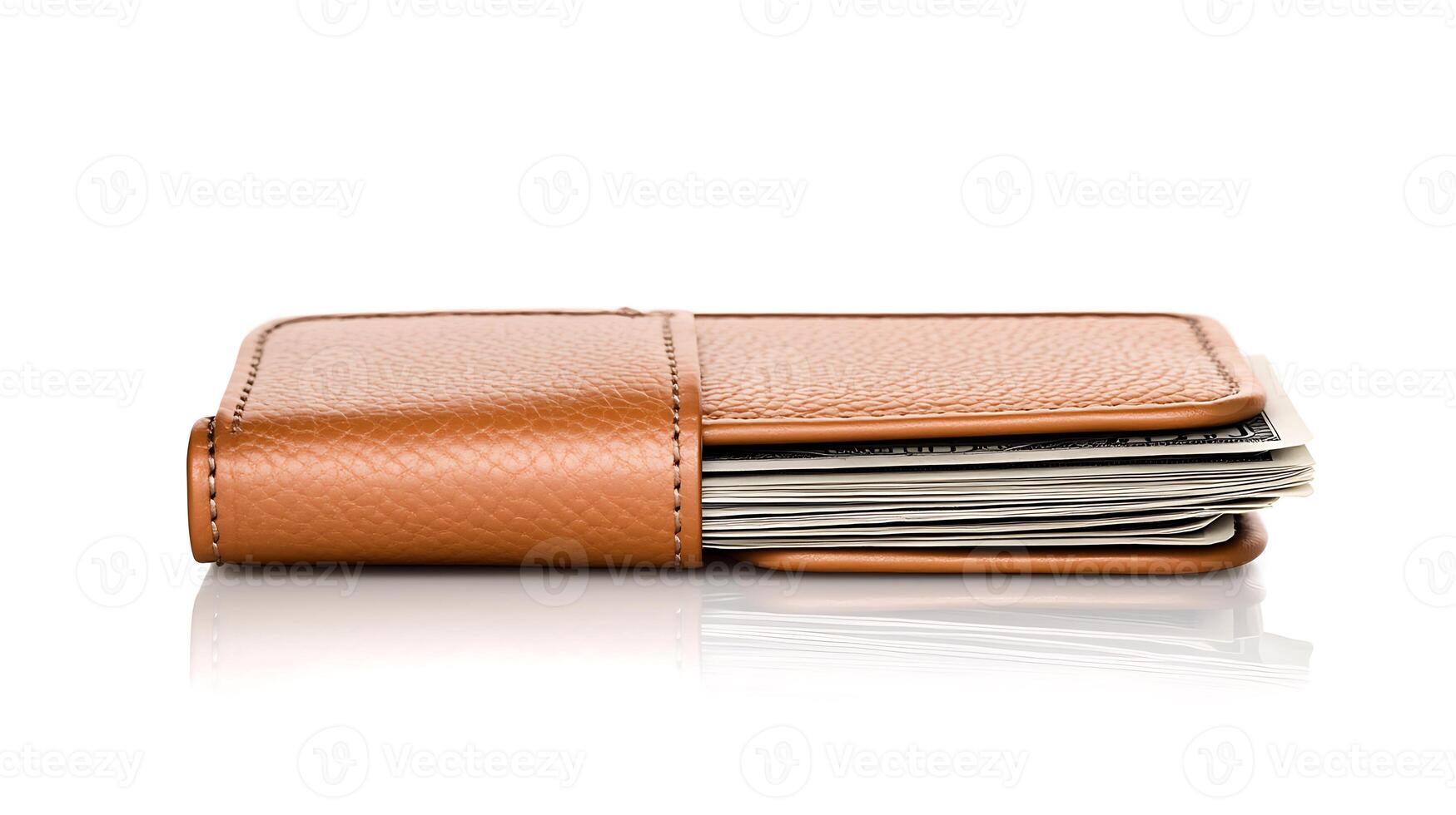 Stylish leather wallet filled with cash and cards, resting on a reflective surface, minimalistic background photo