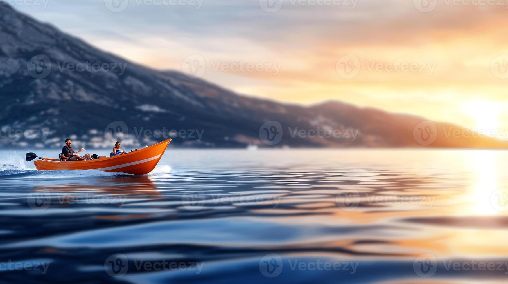 Vibrant orange boat gliding across calm waters at sunset with mountains in the background photo