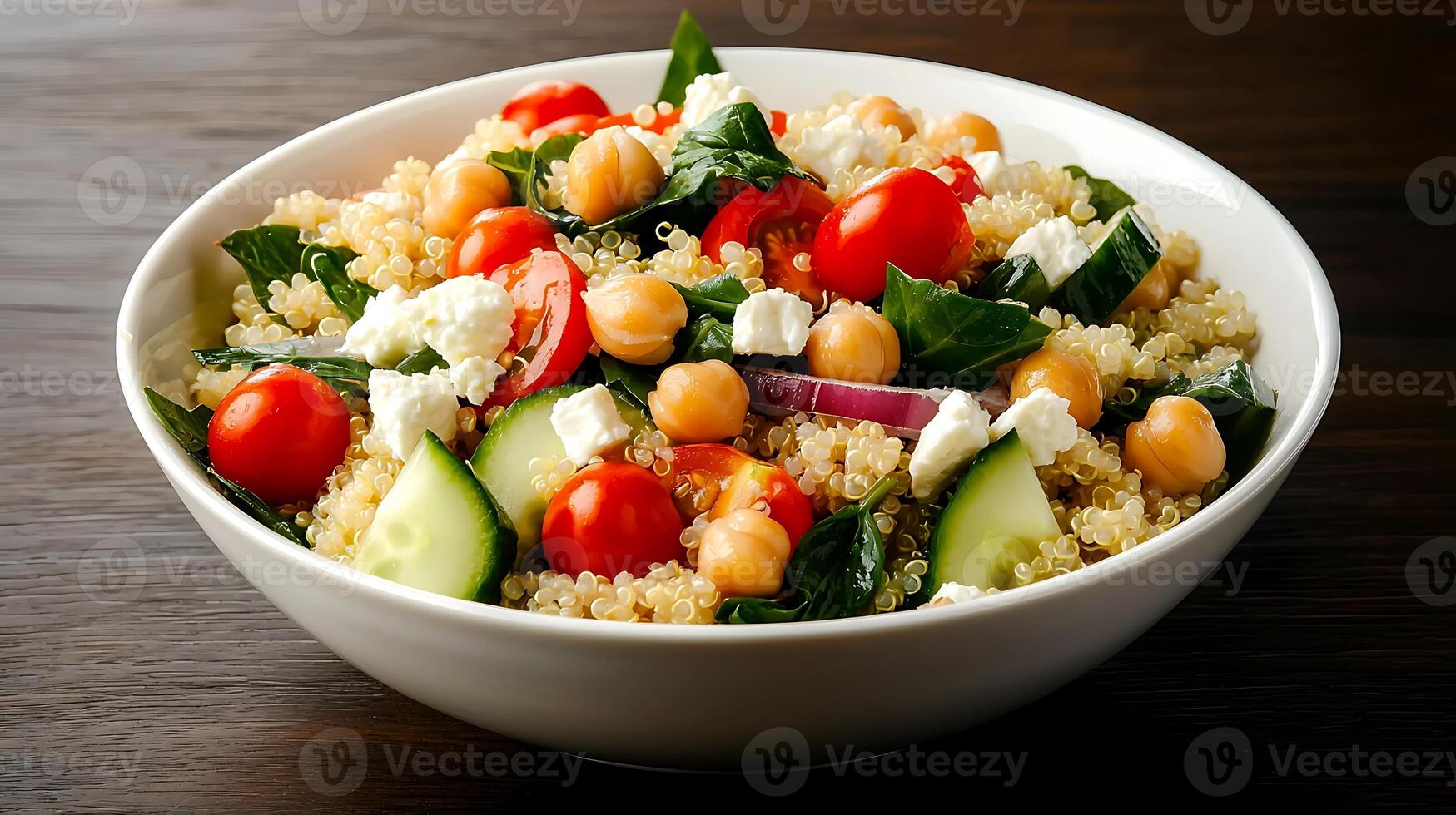Fresh quinoa salad with chickpeas, cherry tomatoes, cucumbers, and feta cheese on a wooden table photo