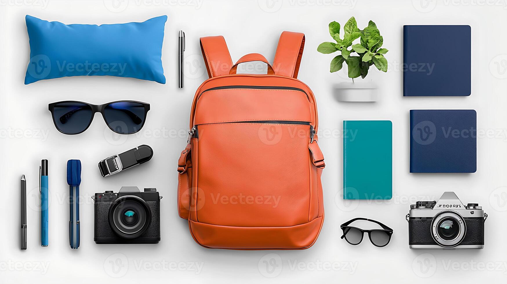 Stylish orange backpack surrounded by sunglasses, notebooks, and plants on a clean surface photo