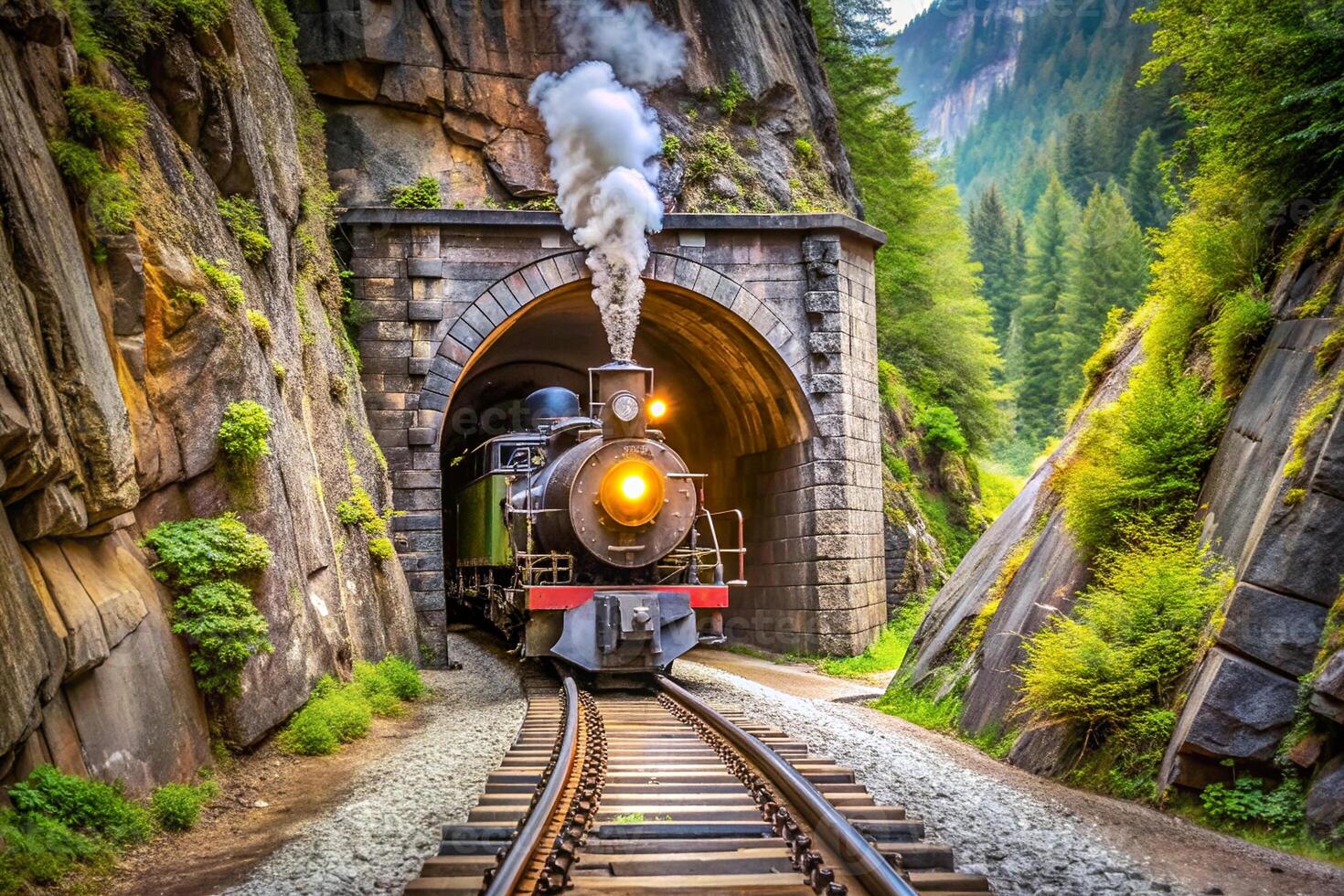 Travel.A steam locomotive emerges from a mountain tunnel photo