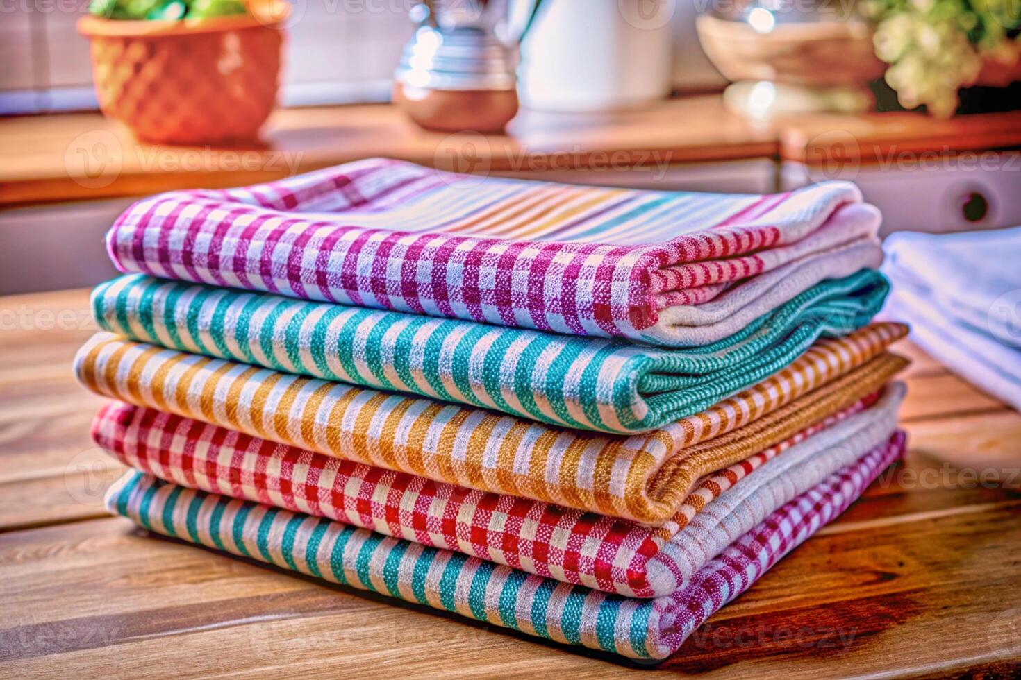 Neatly folded stacks of colored towels,fabrics,tablecloths,curtains photo