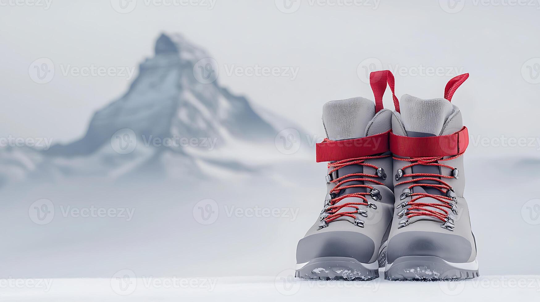 A pair of sturdy winter boots positioned in the snow with a majestic mountain backdrop photo