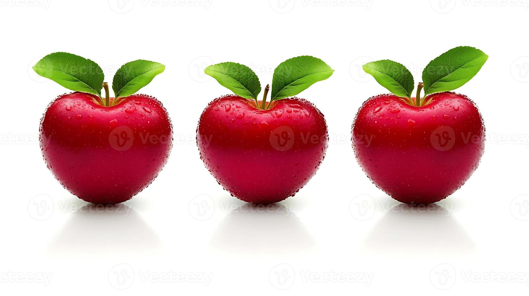 Three shiny red apples with green leaves on a white background, showcasing freshness and vitality photo