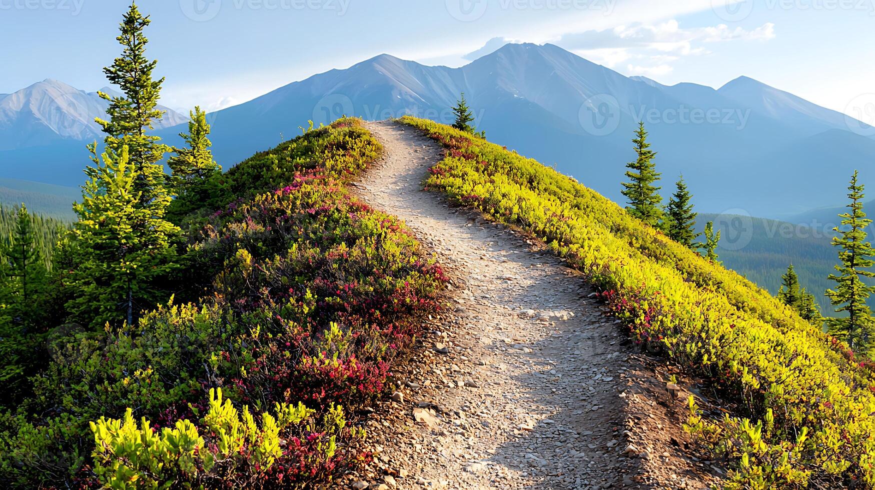 Scenic mountain trail winding through vibrant foliage under a clear blue sky photo