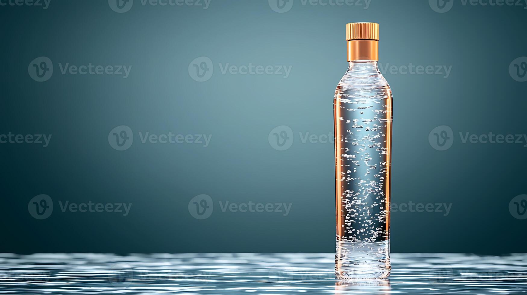 Clear water bottle with bubbles on a reflective surface against a soft gradient background photo