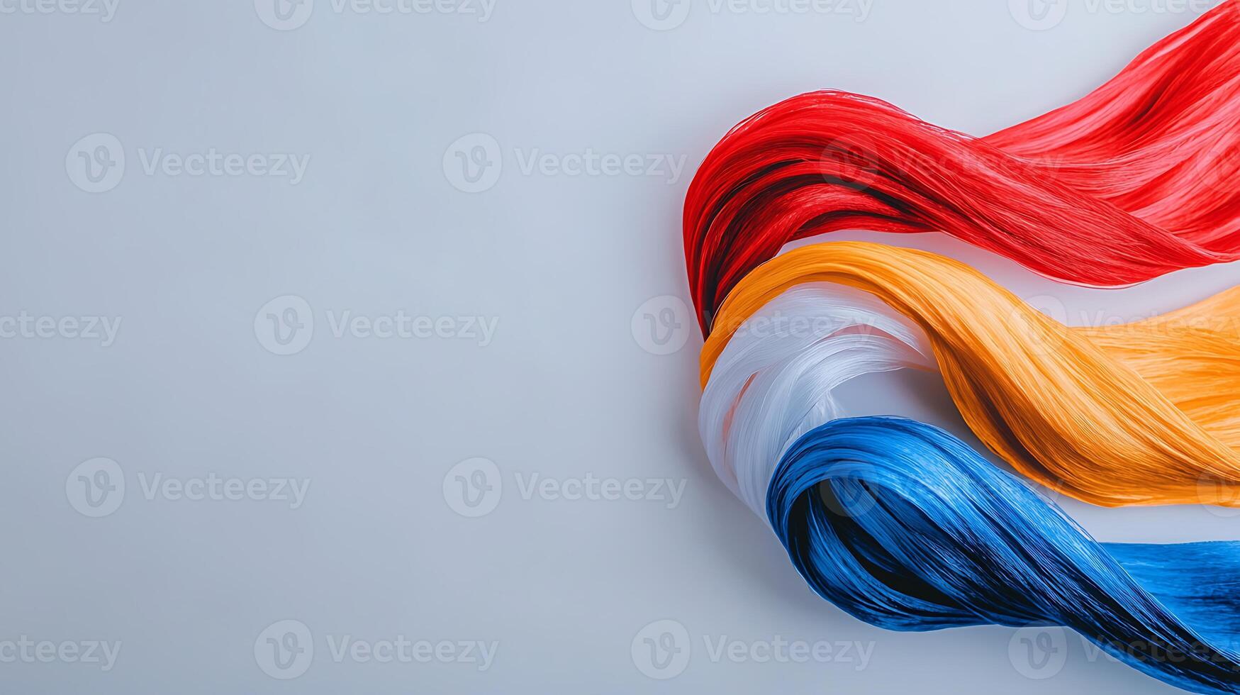 Colorful strands of hair in red, white, and blue flowing gracefully against a light background photo