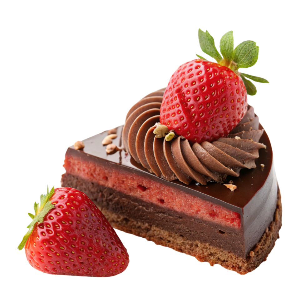 A piece of chocolate cake with strawberries isolated on a transparent background png