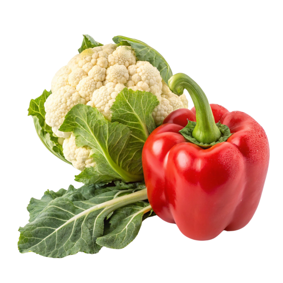 A cauliflower and red pepper isolated on a transparent background png