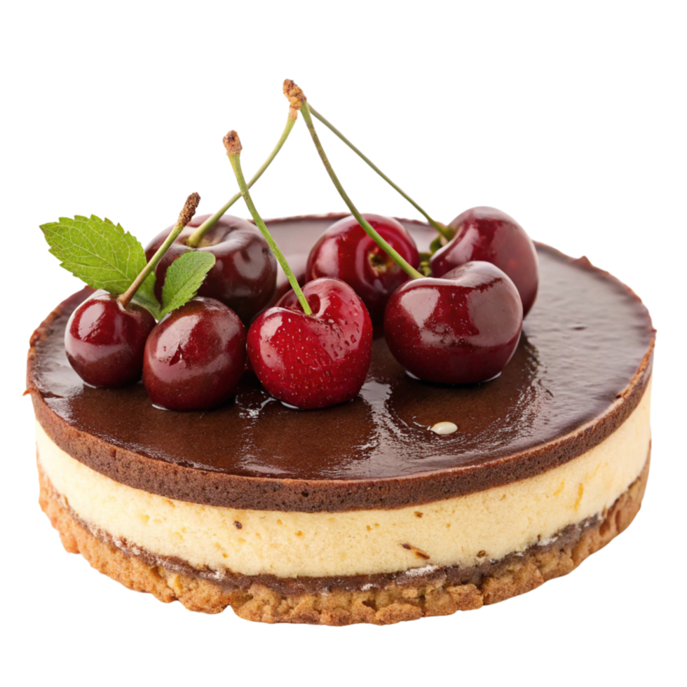 A chocolate cake with cherries on top isolated on a transparent background png