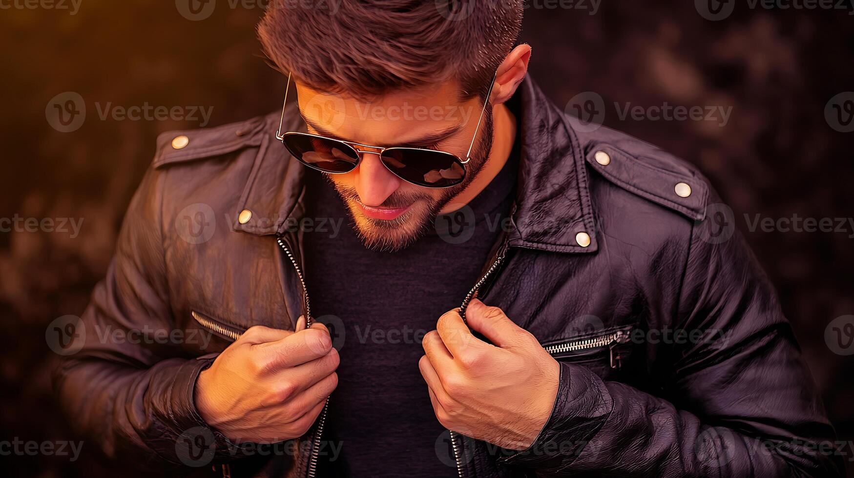 Young man in leather jacket adjusting his clothing with a confident expression outdoors photo