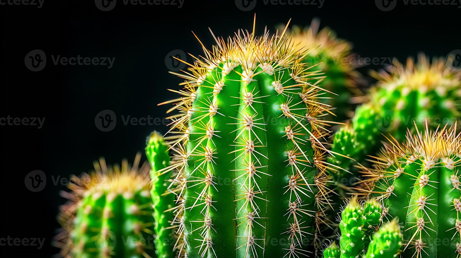 Close-up view of vibrant green cacti with sharp spines against a dark background, showcasing nature's resilience photo