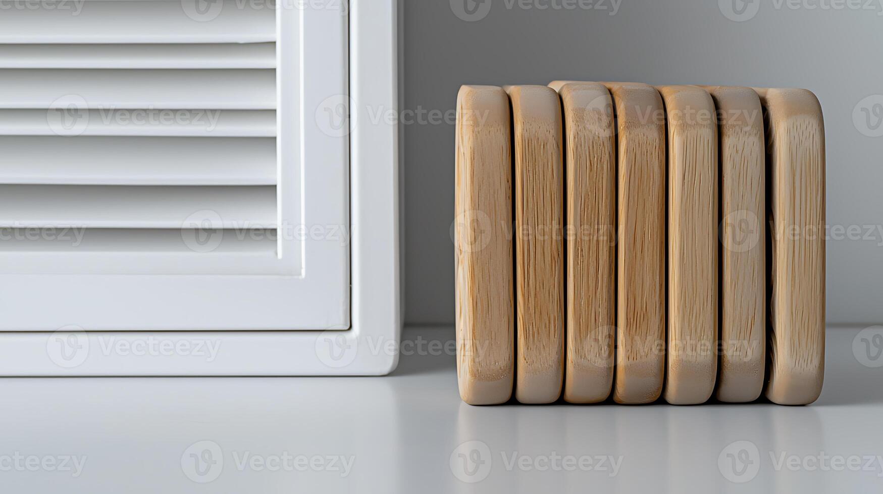 Stacked wooden coasters beside a white shutter against a minimalist background photo