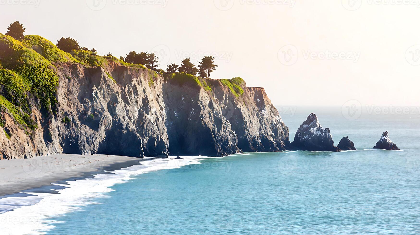 Serene coastal landscape featuring cliffs, gentle waves, and clear blue skies at sunrise photo