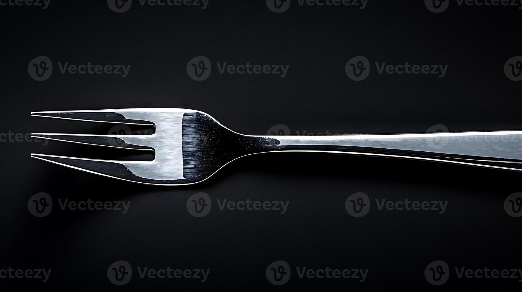 Close-up of a shiny silver fork on a dark background, highlighting its sleek design and elegance photo