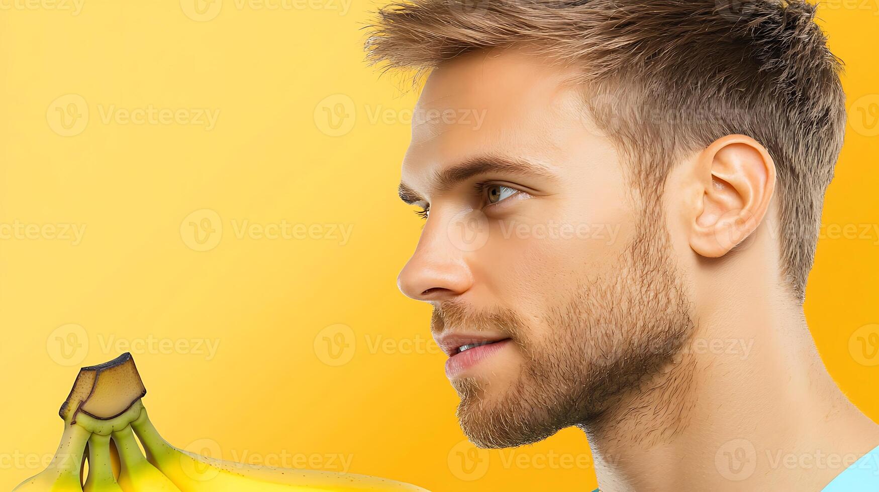 Young man with a beard holding a banana against a vibrant yellow background, smiling photo