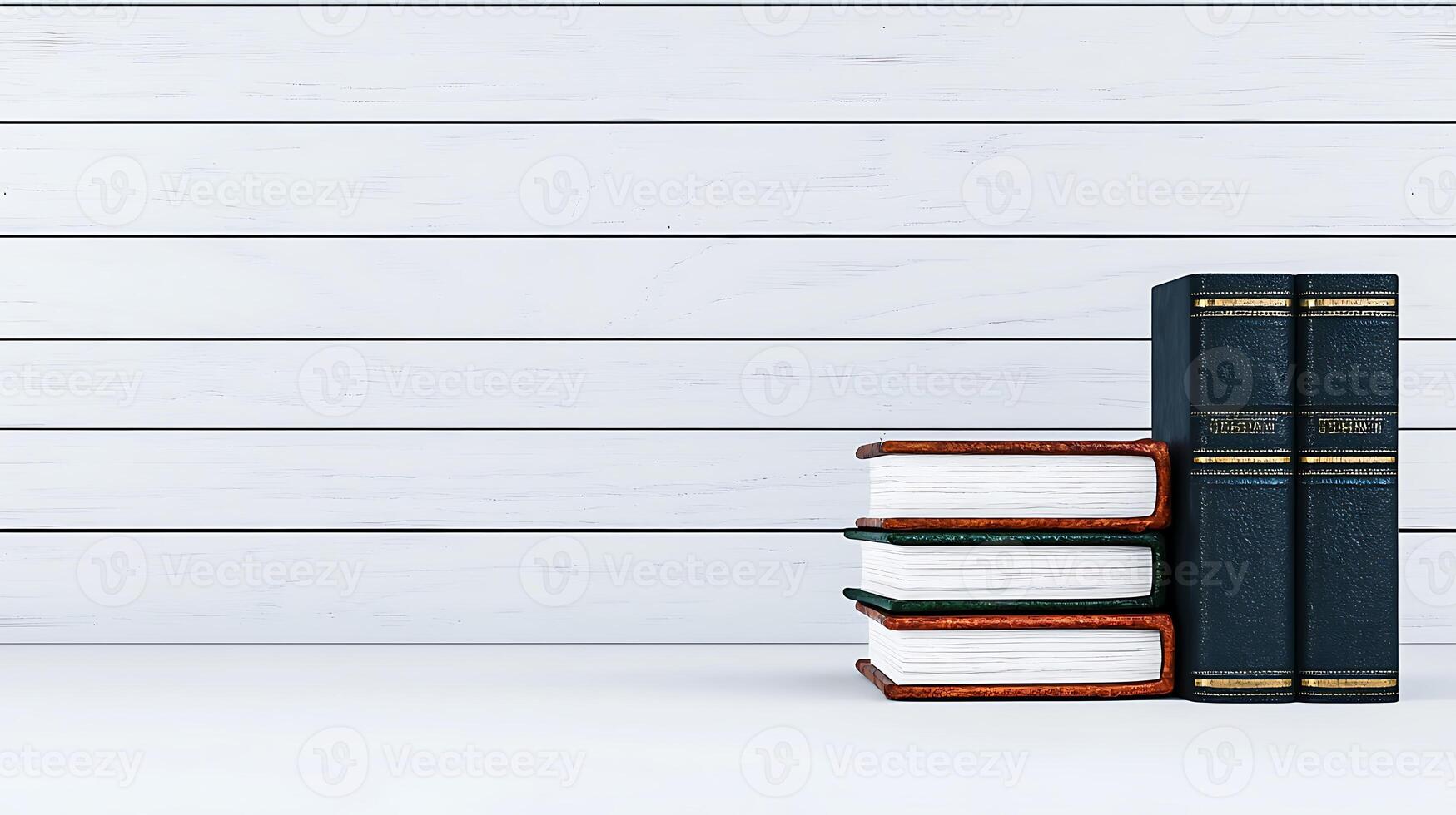 Stacked vintage books on a white wooden shelf with a clean background, ideal for education themes photo