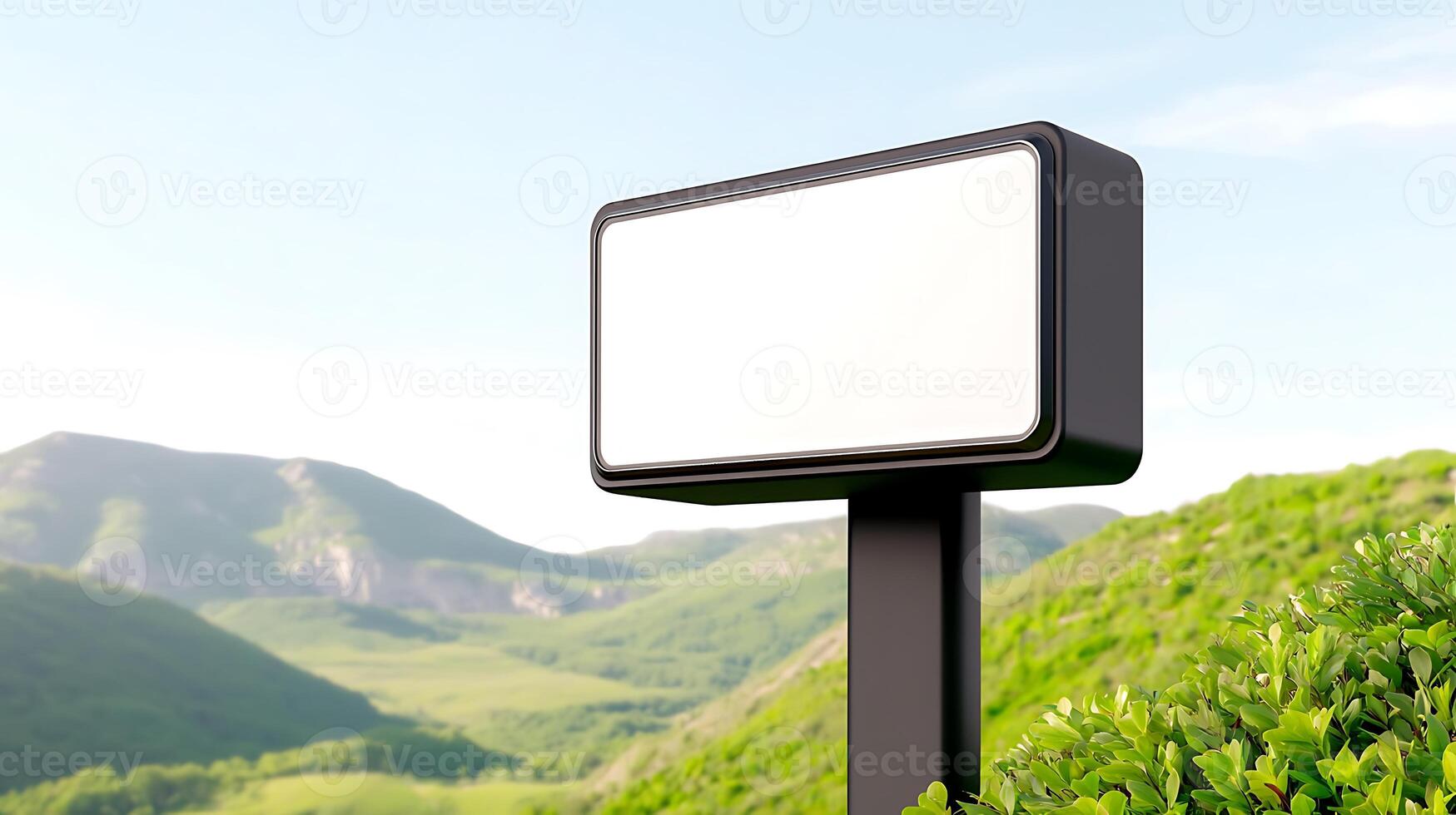 Blank signpost in a lush green landscape with rolling hills and a clear blue sky photo