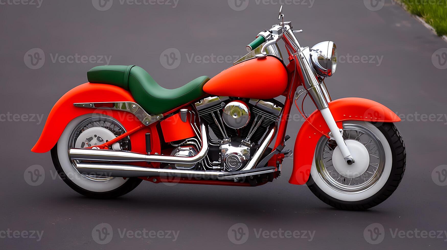 Vibrant orange and green motorcycle parked on asphalt with lush grass in the background photo