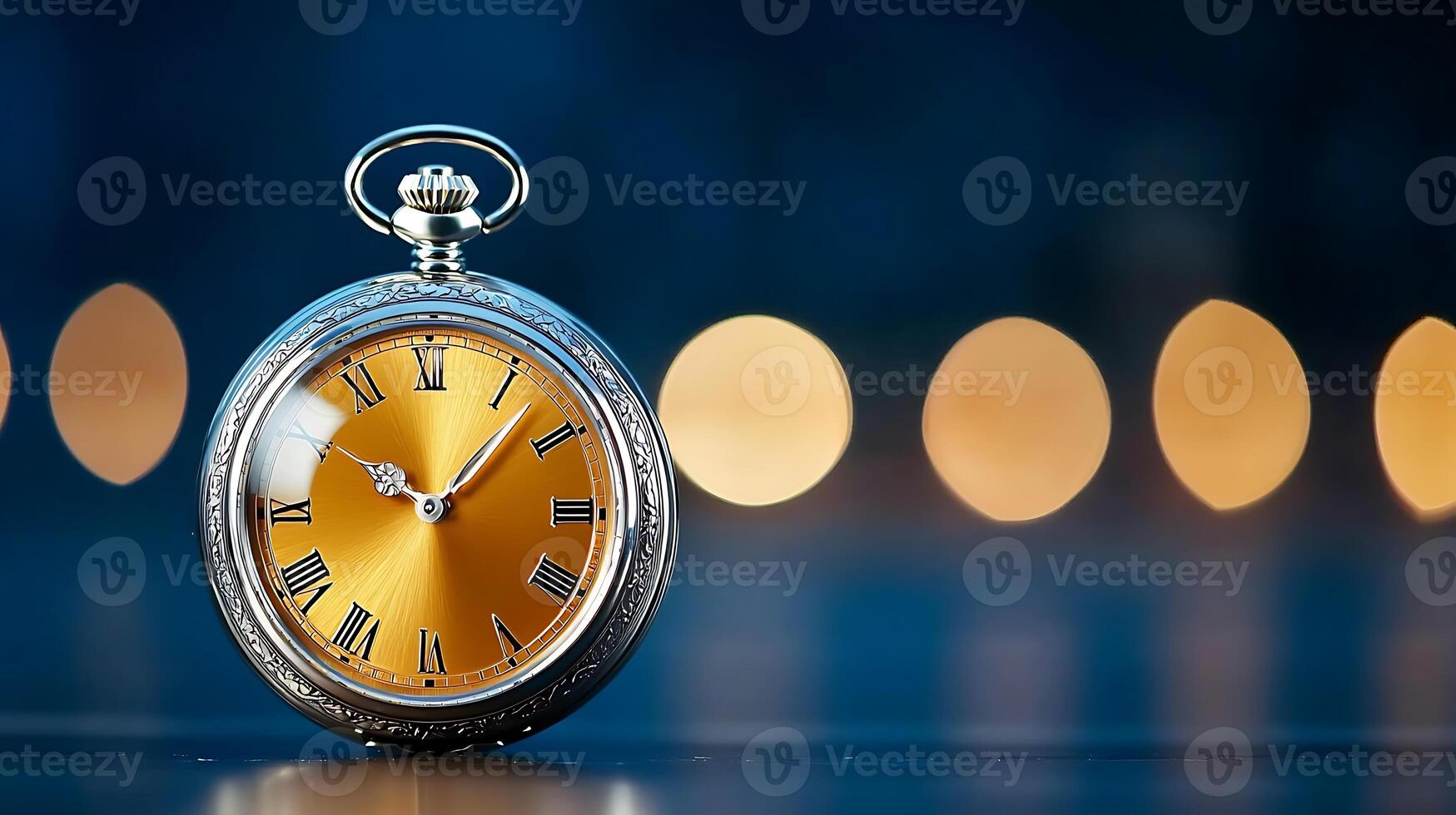 Vintage pocket watch with an ornate design, set against a blurred bokeh background of lights photo