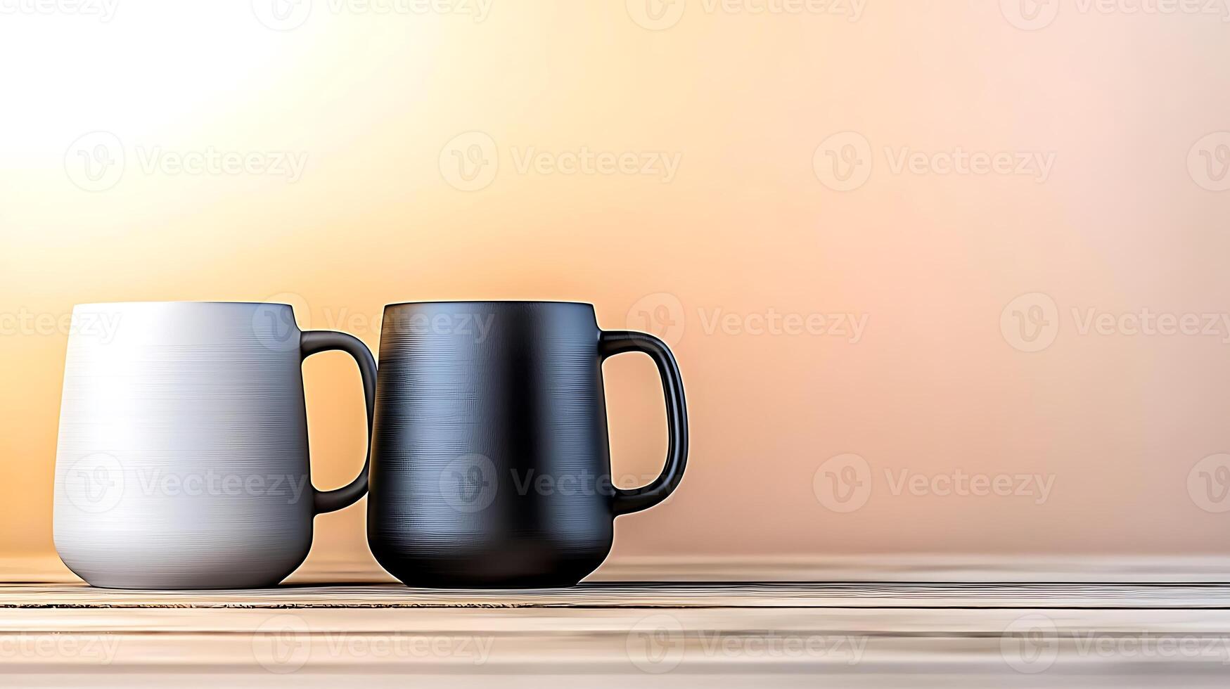 Two ceramic mugs, one white and one black, placed on a wooden table against a soft gradient background photo