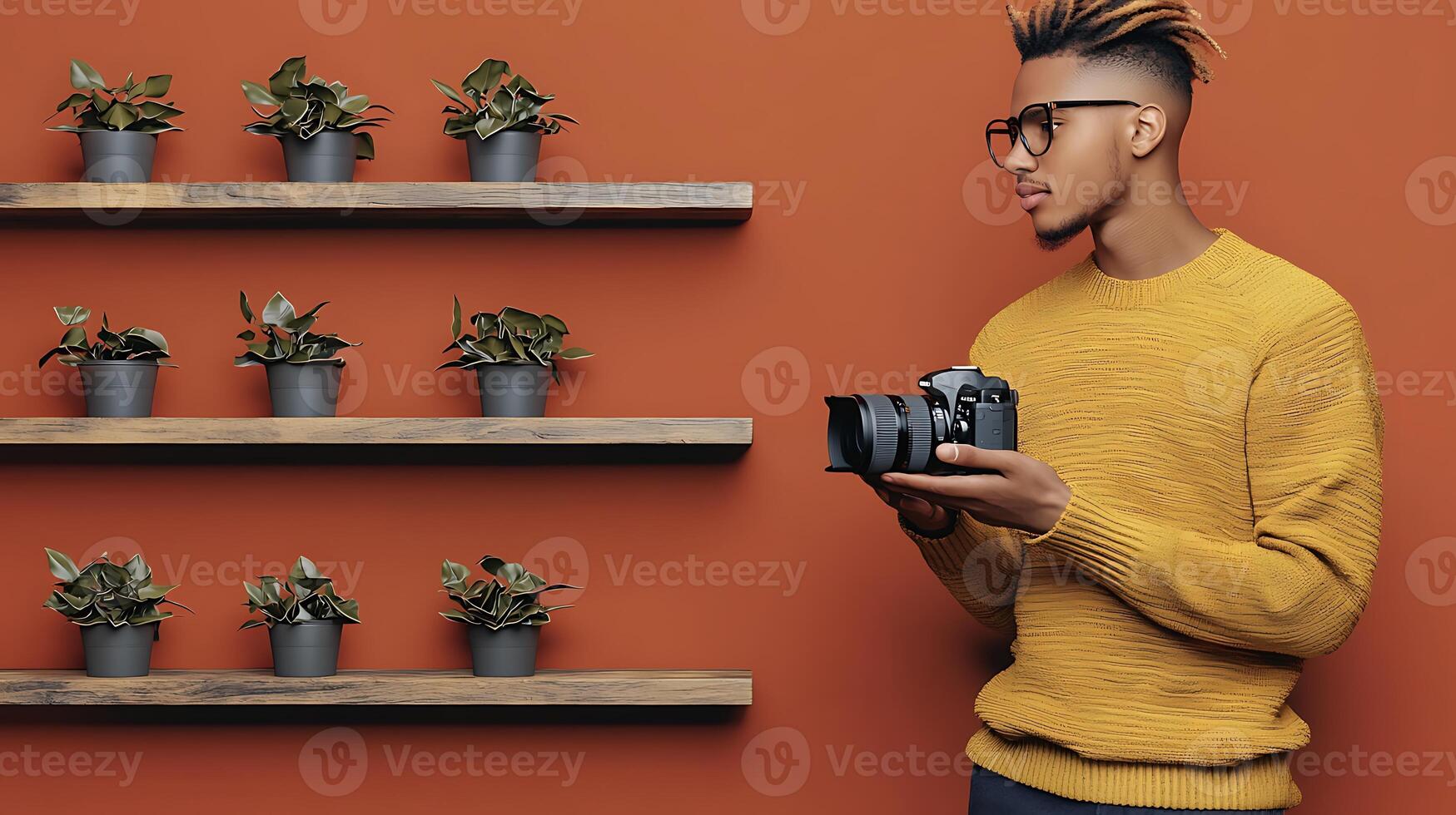 Young man in yellow sweater holding camera, standing against orange wall with potted plants photo