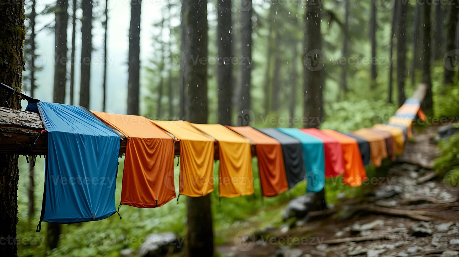 Colorful fabrics hanging on a log in a misty forest during light rain, creating a vibrant scene photo