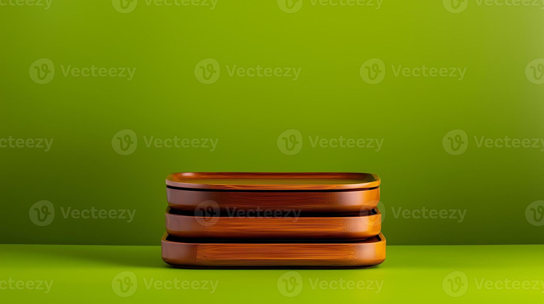 Stacked wooden containers on a vibrant green background, showcasing minimalist design and texture photo