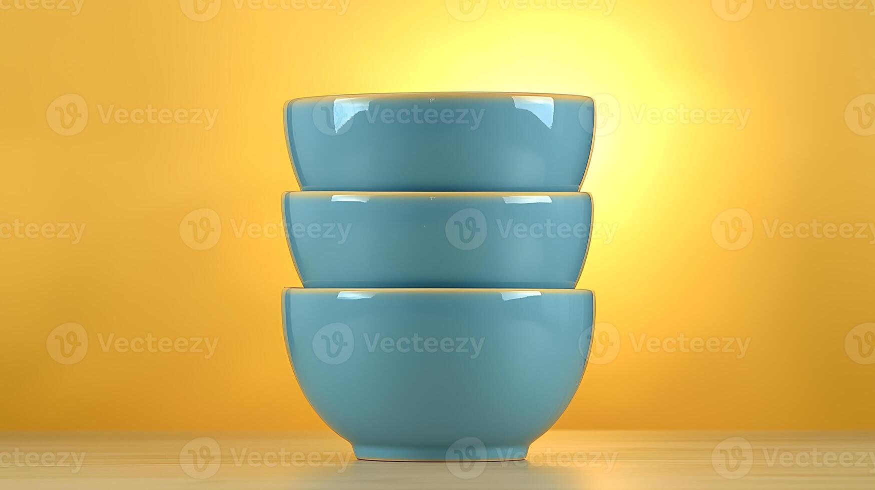Three stacked blue bowls against a warm yellow background, creating a serene kitchen atmosphere photo
