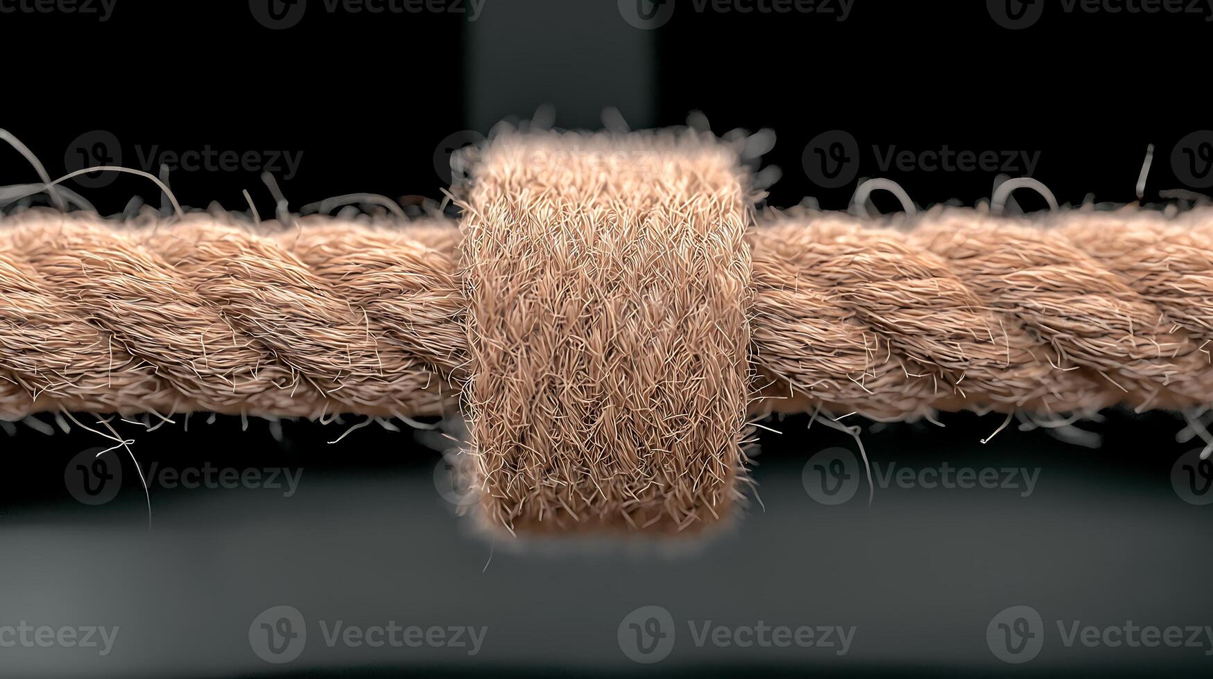 Close-up view of a natural fiber rope tied in a knot against a dark background photo