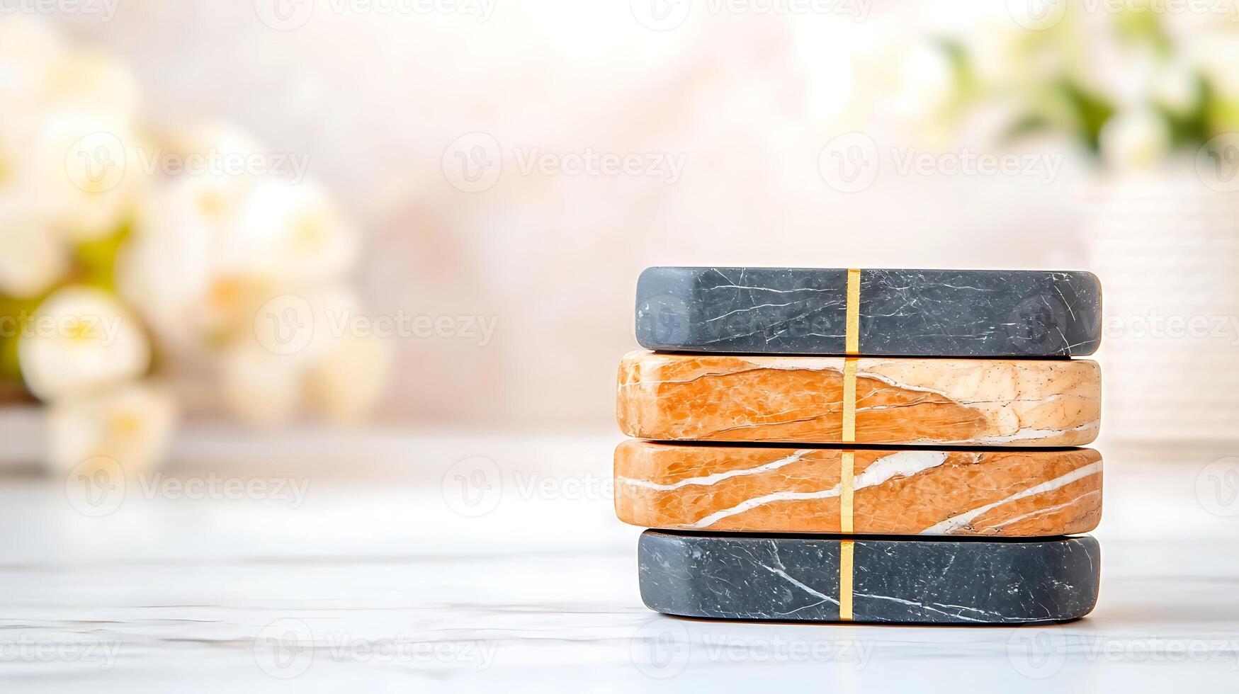 Stacked marble coasters on a marble surface with soft-focus flowers in the background photo