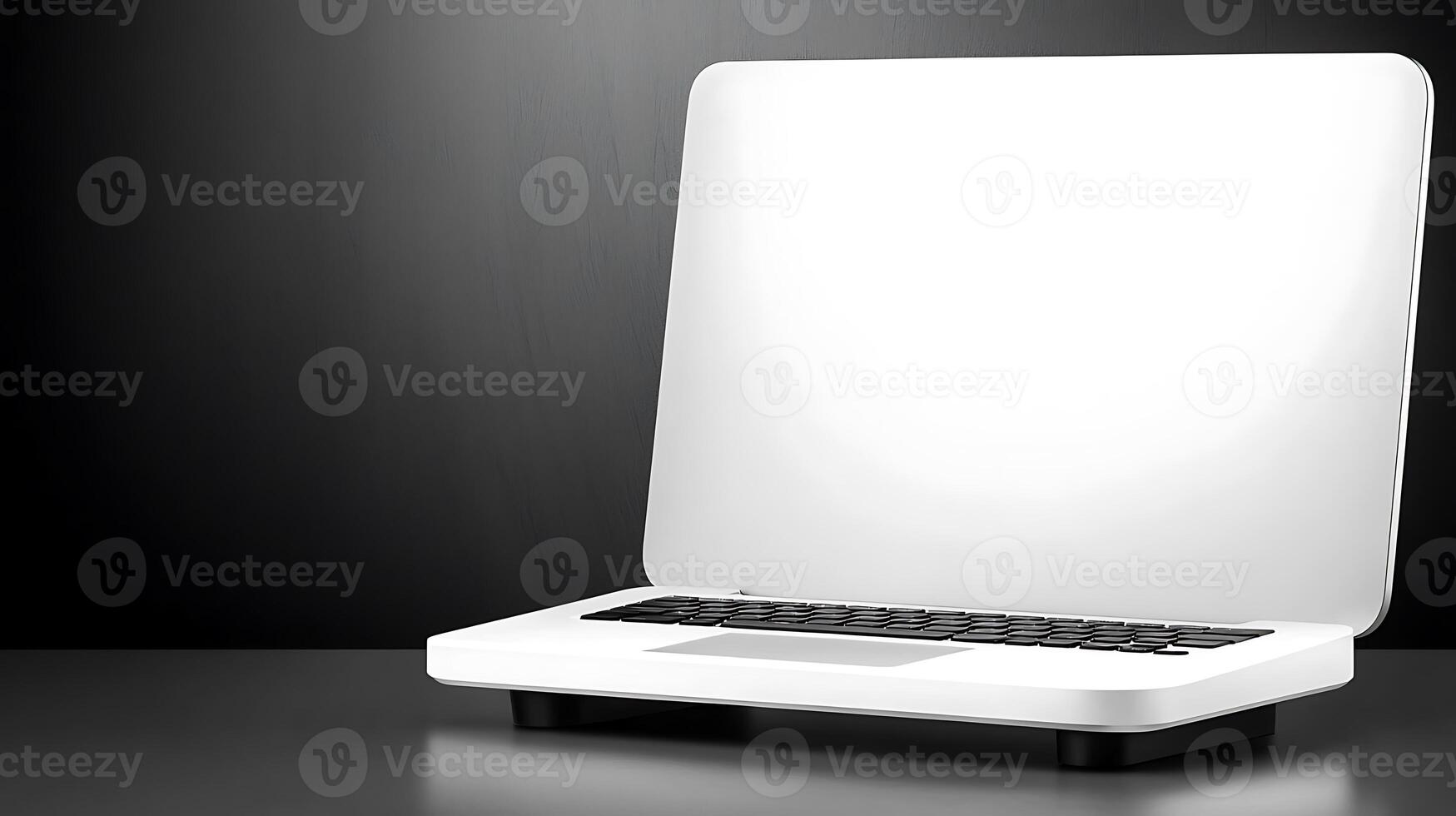 Sleek modern laptop on a minimalist desk with a dark wood background, ideal for tech presentations photo