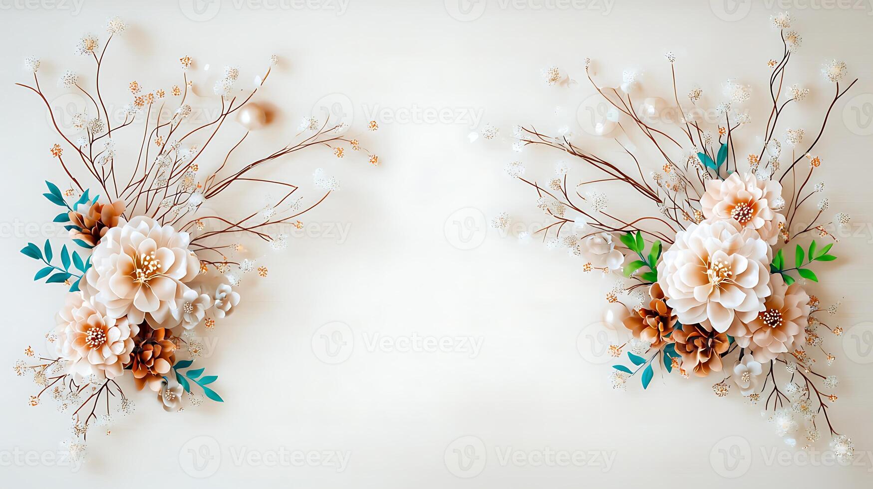 Elegant floral arrangement featuring soft beige and white flowers with greenery on a light background photo