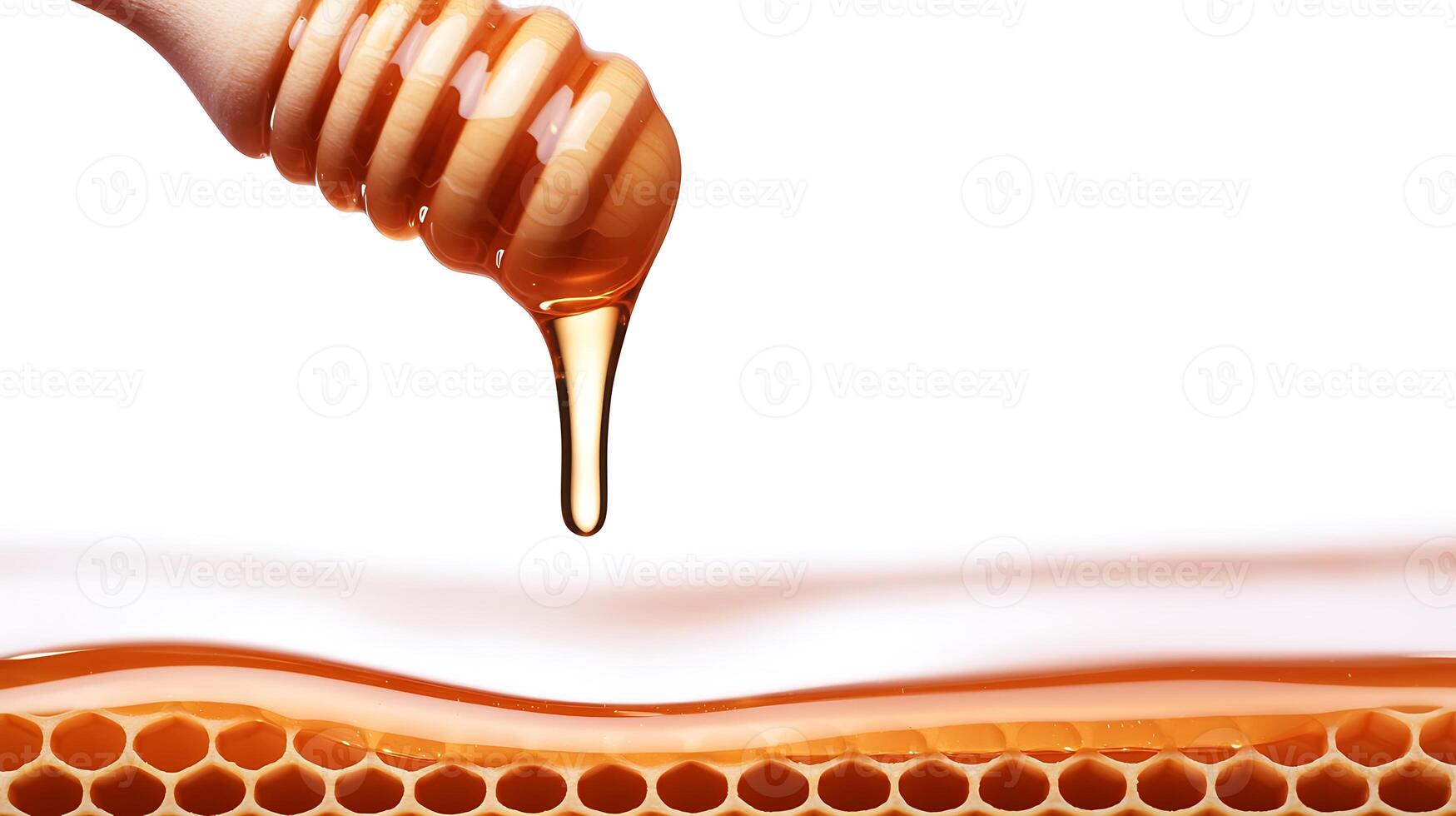 Close-up of honey dripping from a wooden dipper over honeycomb, showcasing its rich texture and color photo