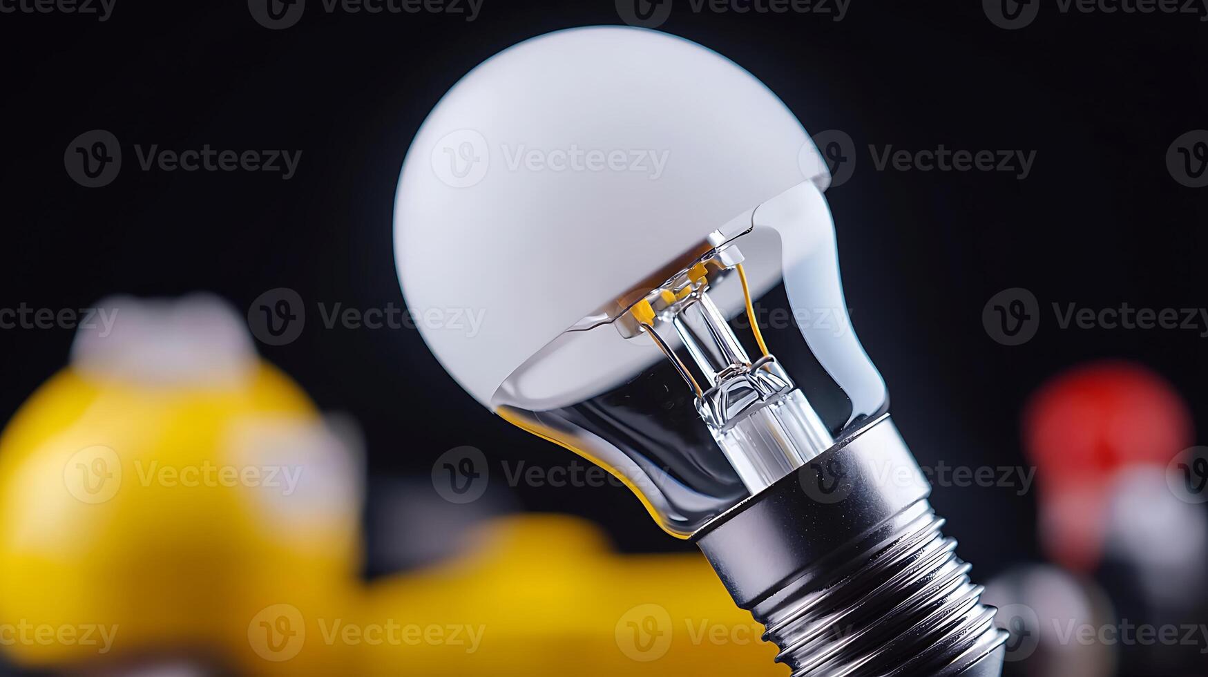 Close-up of a modern light bulb with a blurred background featuring colorful objects photo