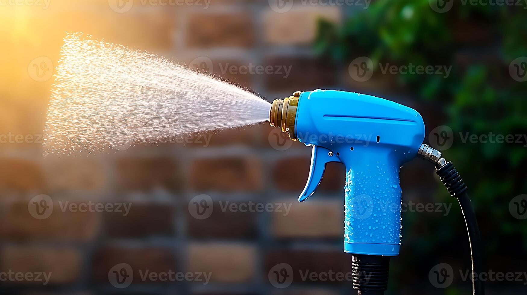 Close-up of a blue garden spray nozzle in action, watering plants against a brick wall backdrop photo