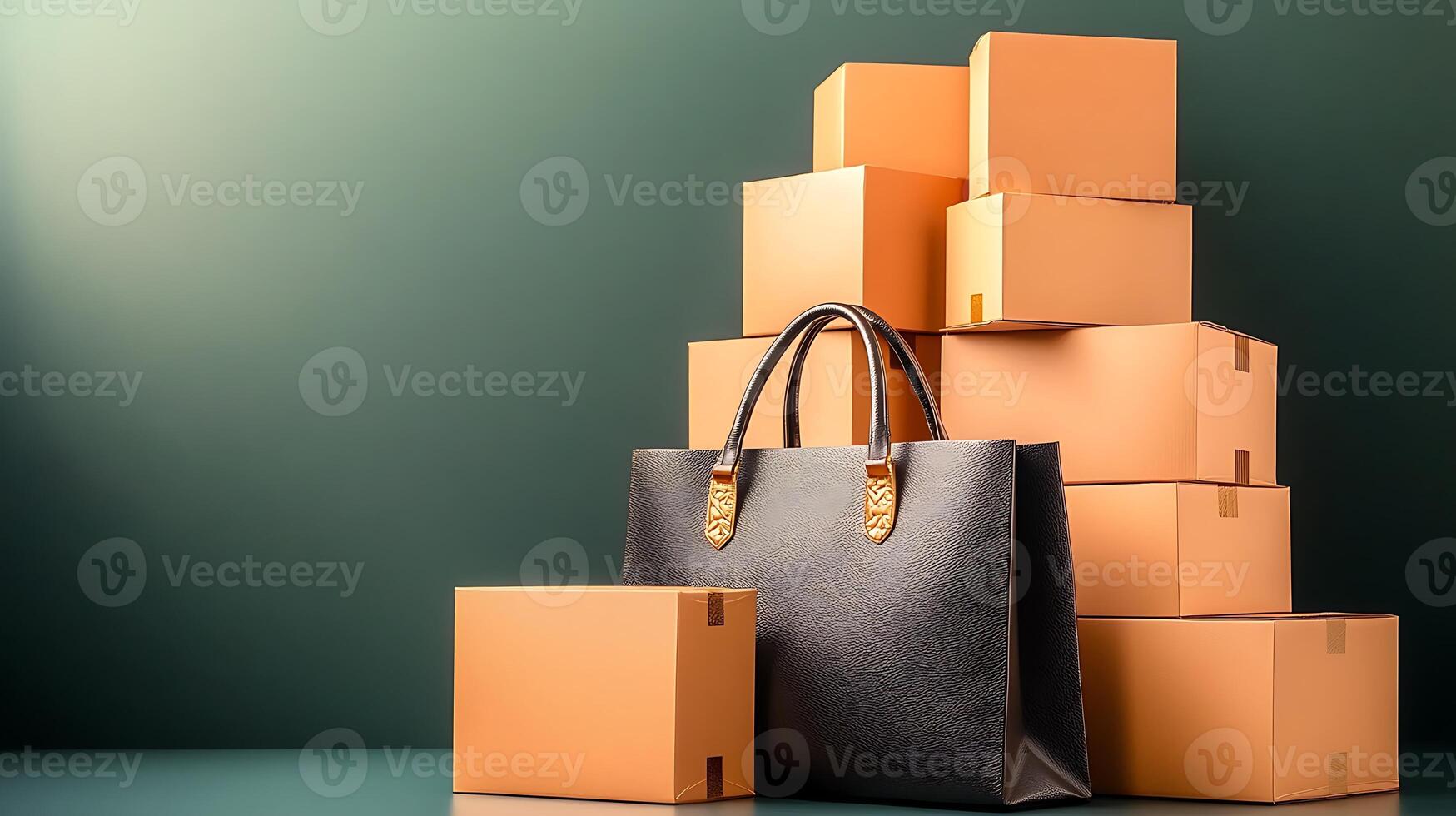 Stylish black handbag displayed next to stacked cardboard boxes against a green backdrop photo