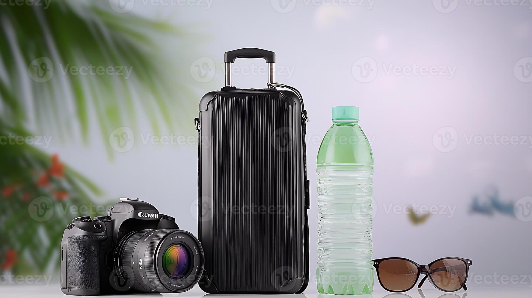 Travel essentials displayed on a tropical background featuring a suitcase, camera, and sunglasses photo