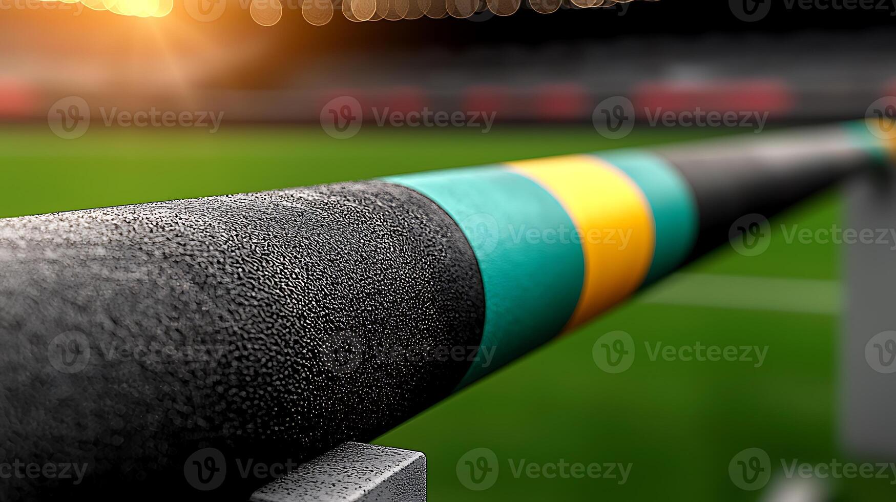 Close-up of a colorful railing at a sports stadium during sunset, with blurred field background photo